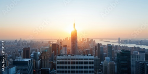 Empire State Building Sunrise View. Sunrise view of the Empire State Building with the city skyline in the background, creating a classic New York City scene.