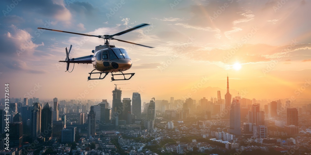 A helicopter flying over a city skyline, symbolizing air transportation and aerial tours A helicopter flying over a city skyline, symbolizing air transportation and aerial tours