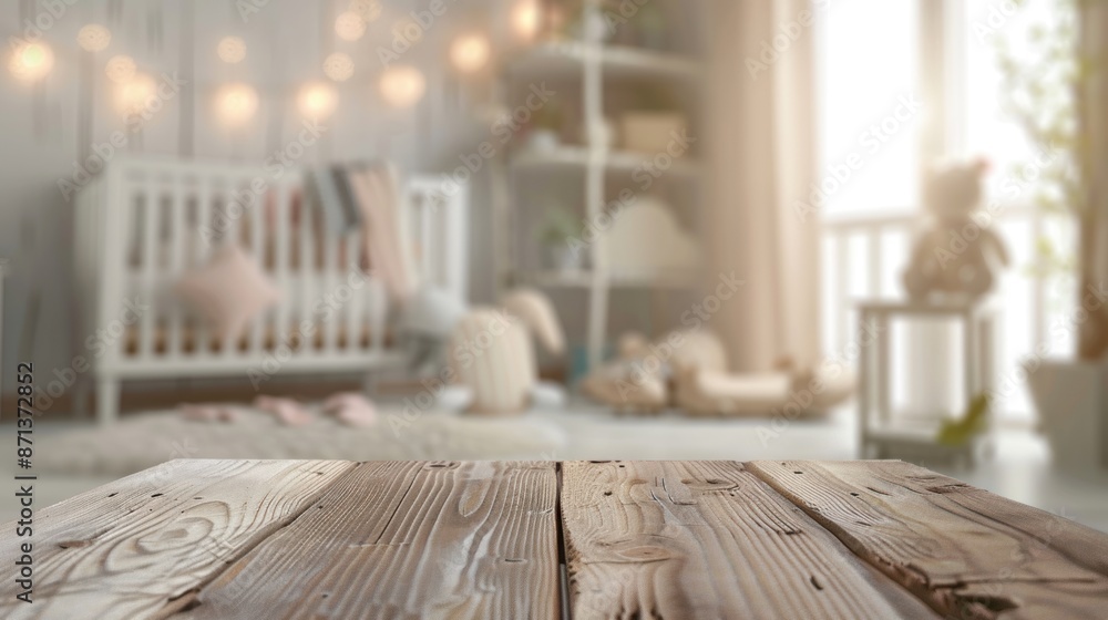 An empty and clean wooden table in front of a newborn baby's bedroom is the background. An empty and clean wooden table in front of a newborn baby's bedroom is the background.