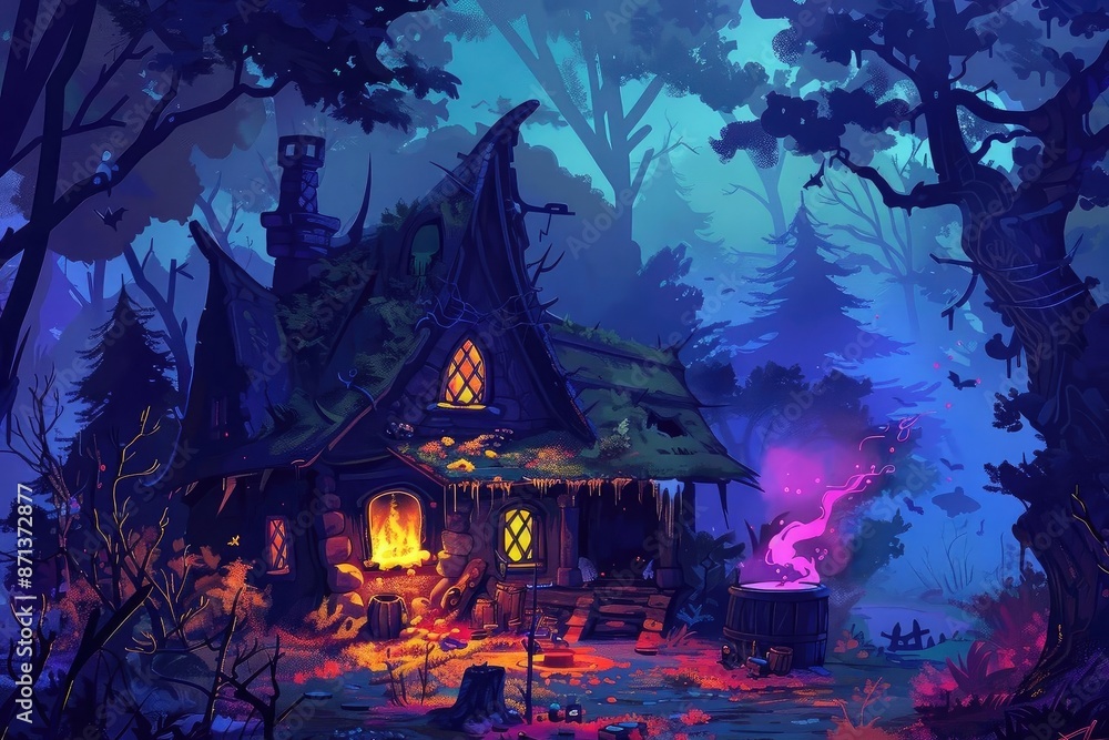 Spooky forest cabin at night with enchanted lights, creating a magical and mysterious fairytale atmosphere. Spooky forest cabin at night with enchanted lights, creating a magical and mysterious fairytale atmosphere.
