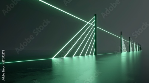 3D bridge model with green neon illumination, dark background, detailed blueprint rendering, futuristic and visually striking © Paul
