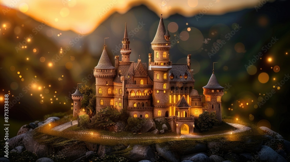Enchanting fairytale castle glowing with lights at dusk, surrounded by lush hills and magical fireflies, evoking fantasy and wonder. Enchanting fairytale castle glowing with lights at dusk, surrounded by lush hills and magical fireflies, evoking fantasy and wonder.
