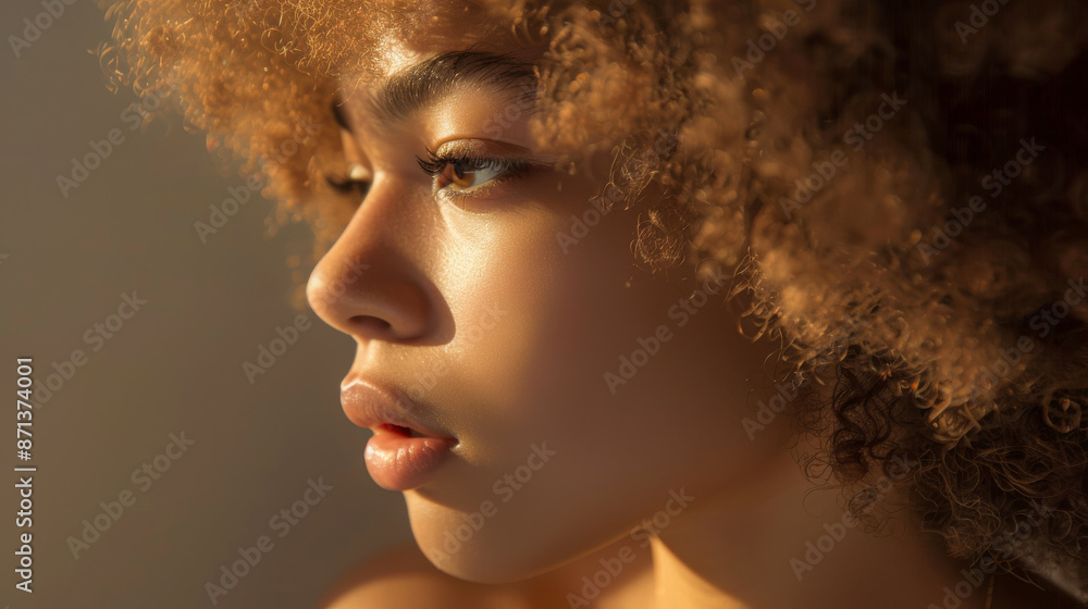 A soft close-up side profile of a person with blonde curly hair, basking in warm sunlight that highlights their features. A soft close-up side profile of a person with blonde curly hair, basking in warm sunlight that highlights their features.