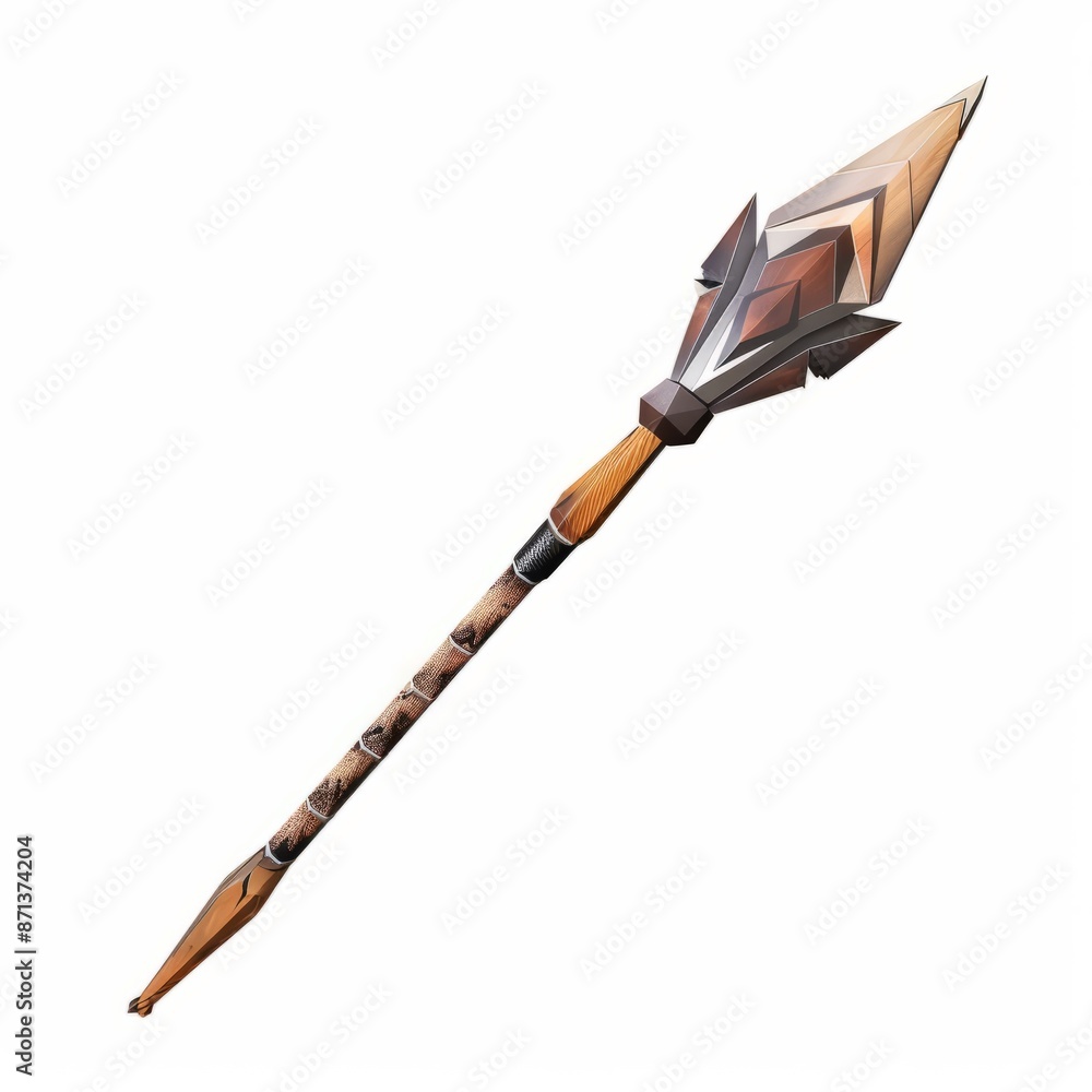 3D Render, Low Poly style of a tribal spear, on isolated white background, Generative AI 3D Render, Low Poly style of a tribal spear, on isolated white background, Generative AI