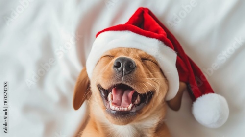 Happy smiling dog wearing a Christmas hat lying on the bed photo