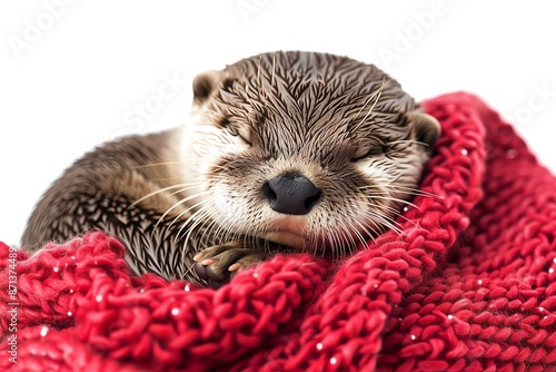 Adorable baby otter sleeping peacefully on a red knitted blanket. photo