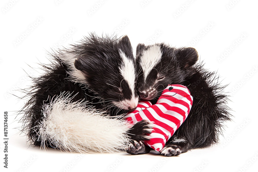 Two cute baby skunks cuddling with a red heart-shaped toy. Two cute baby skunks cuddling with a red heart-shaped toy.