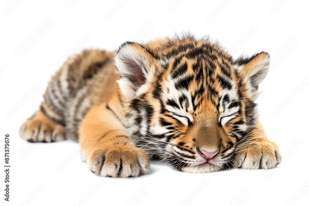 Fototapeta premium Cute tiger cub sleeping with red heart on white background