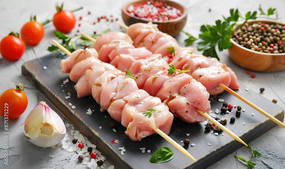 Chicken shish kebab or skewers kebab on wooden board, spices, herbs vegetables. Chicken shish kebab or skewers kebab on wooden board, spices, herbs vegetables.
