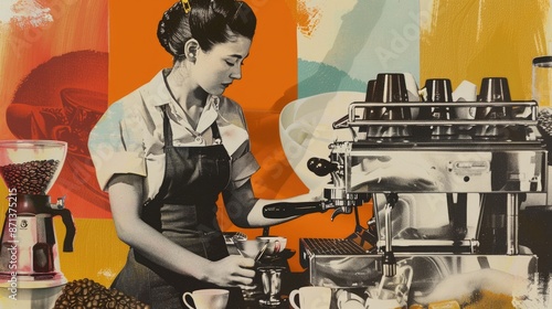 Barista making coffee with an espresso machine photo