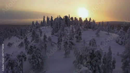 Aerial view rising over snowy forest, revealing a hazy sun above fells of Lapland