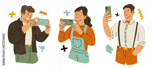 A set of characters using a phone to take photos and videos. A person takes a photograph of a landscape or product. The blogger creates content. Modern technologies. Vector flat illustration.