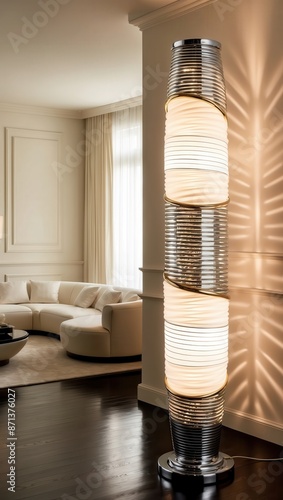 A futuristic, chrome-plated luxury white floor lamp situated in a lavish photo