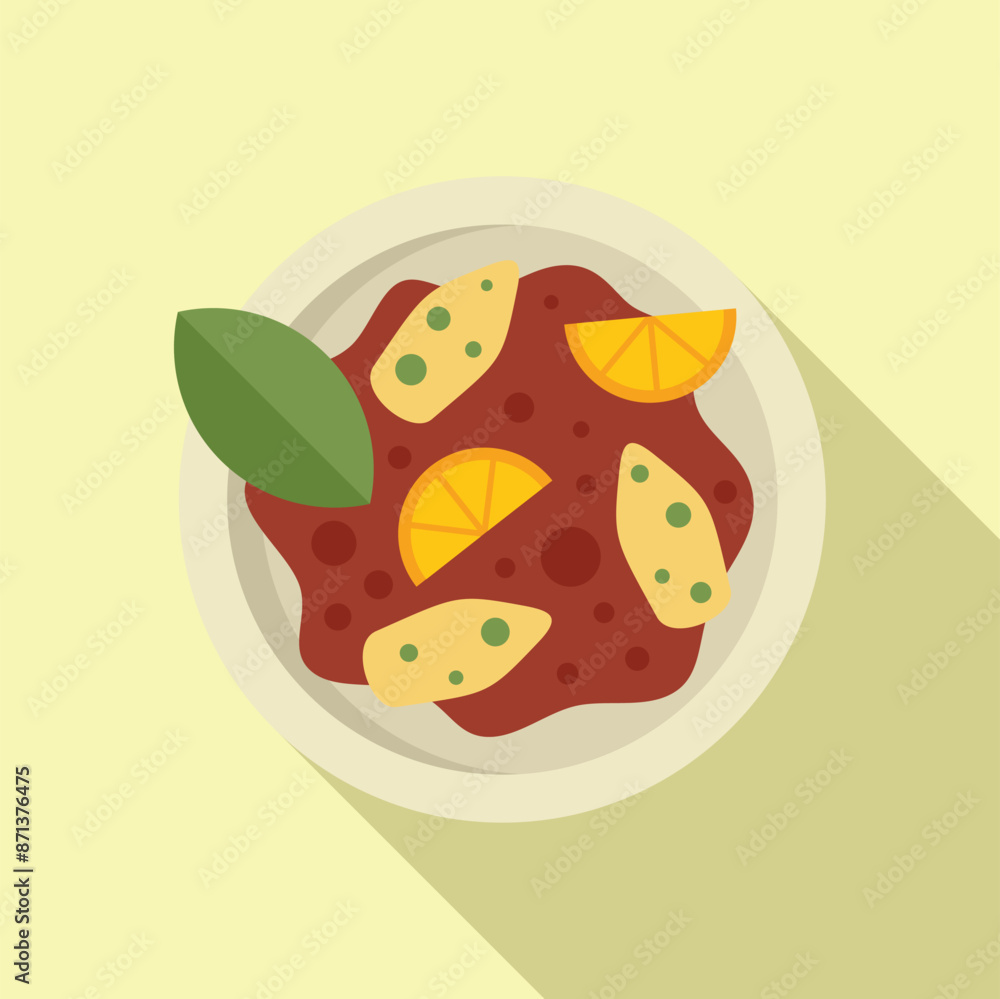 Chicken dish with sauce and orange slices being served on a plate, top view Chicken dish with sauce and orange slices being served on a plate, top view