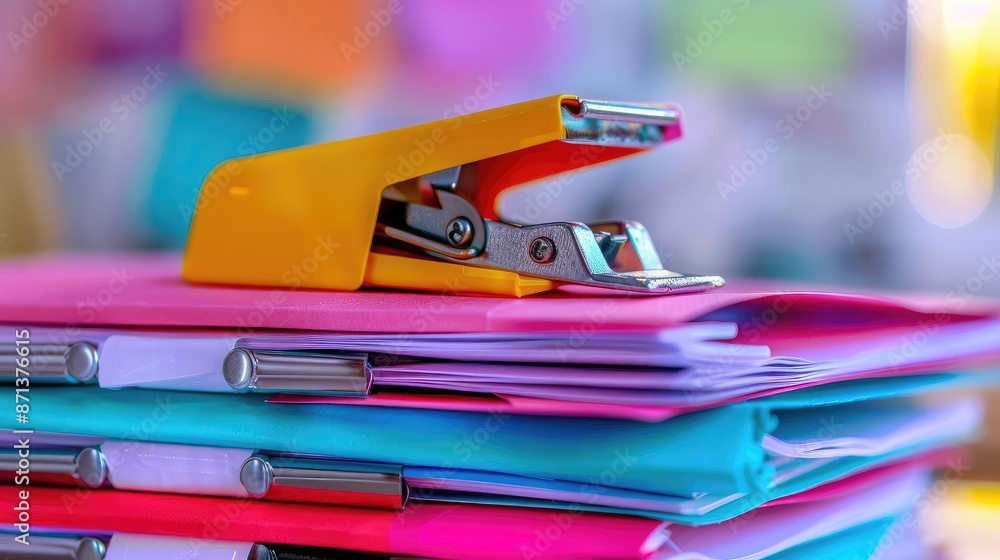 Colorful paper stack with a yellow stapler on top, representing organization, office supplies, and productivity in a vibrant workspace. Colorful paper stack with a yellow stapler on top, representing organization, office supplies, and productivity in a vibrant workspace.
