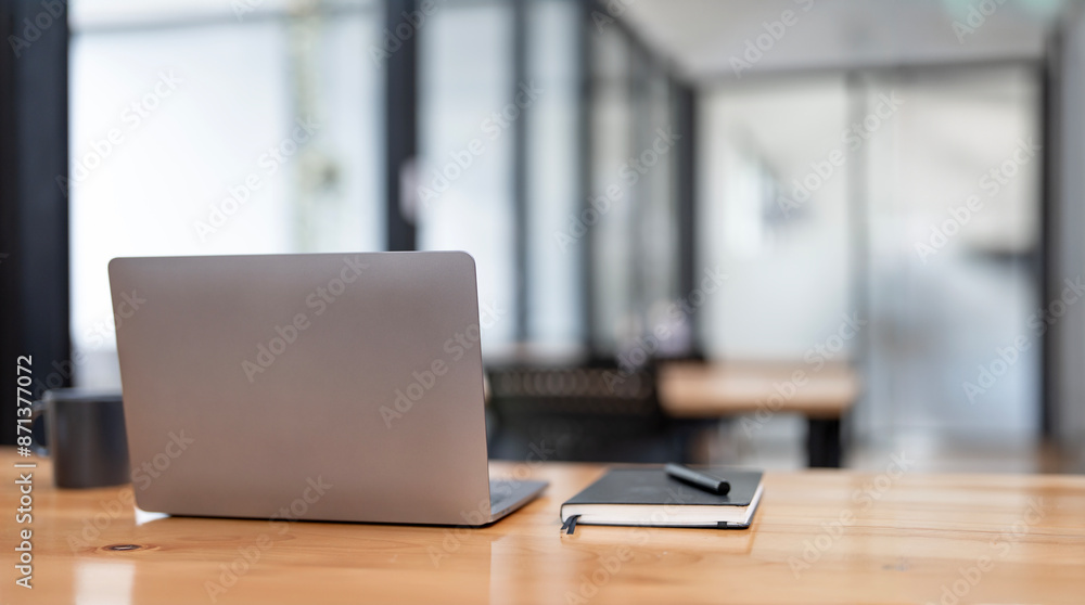 Rear view of simple workspace with laptop, notebooks, coffee cup and tree pot on white table with blurred office room background Rear view of simple workspace with laptop, notebooks, coffee cup and tree pot on white table with blurred office room background