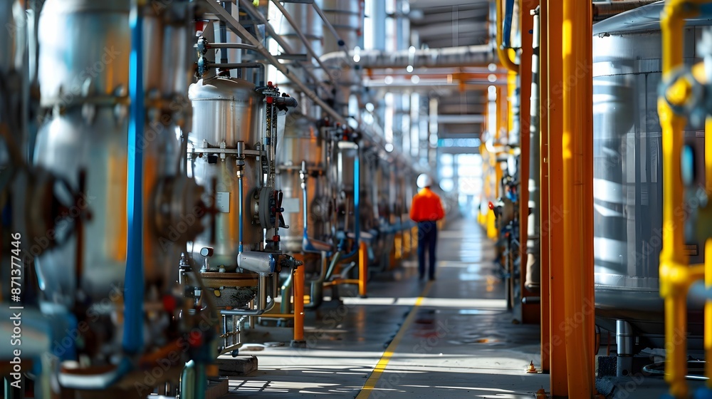A large industrial building with many tanks and pipes. The tanks are white and yellow. A large industrial building with many tanks and pipes. The tanks are white and yellow.