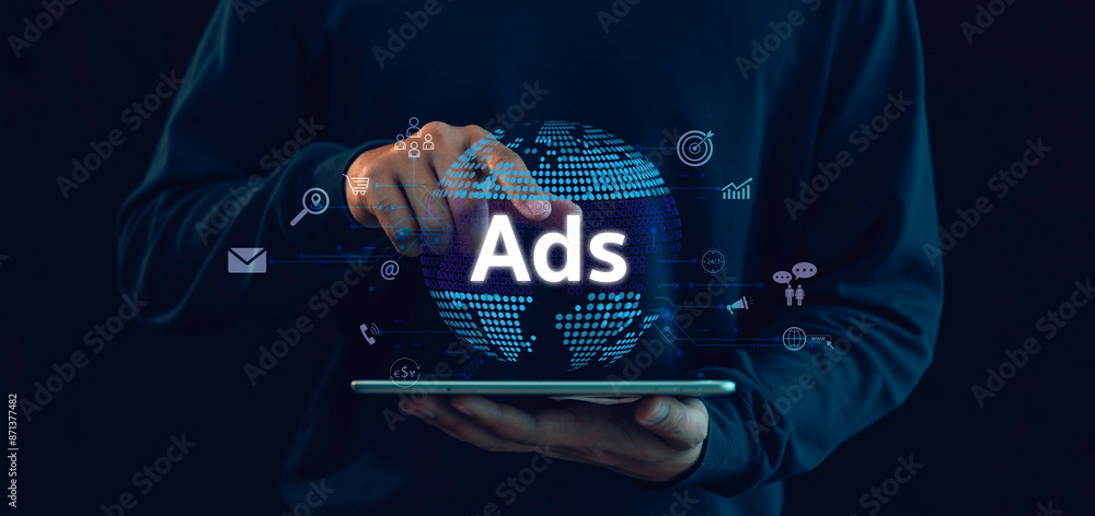 Commerce online sale, Website advertising, Digital commerce online sale concept, planning advertising marketing strategies to target social media, ad, advertisers, SEO Strategy, Search engine.