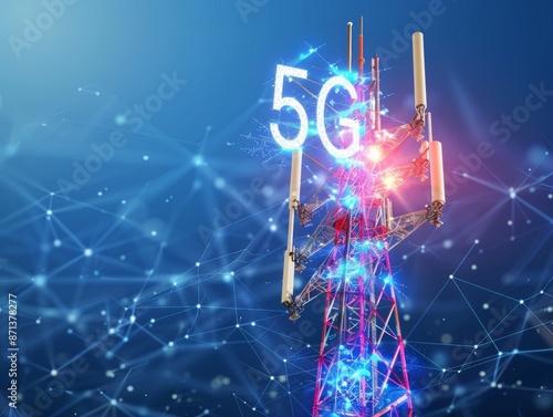 Background image shows a 5G global network technology communication antenna tower for wireless high speed internet. - ai photo