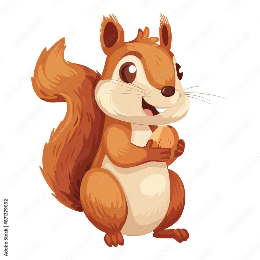 Cartoon happy squirrel holding nut isolated on white background
