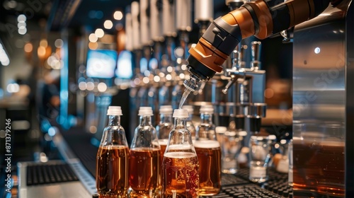 A robotic bartender serving drinks, utilizing AI and advanced fluid systems, in a highly efficient and modern bar setting