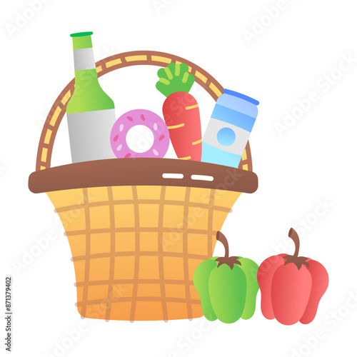 Picnic basket filled with food items, flat icon 