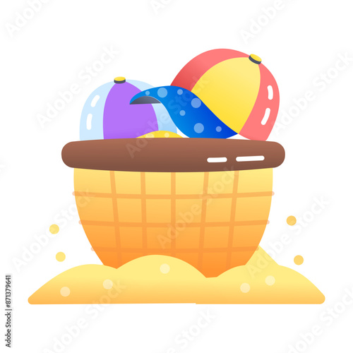Beach toys in a wicker basket, flat icon 