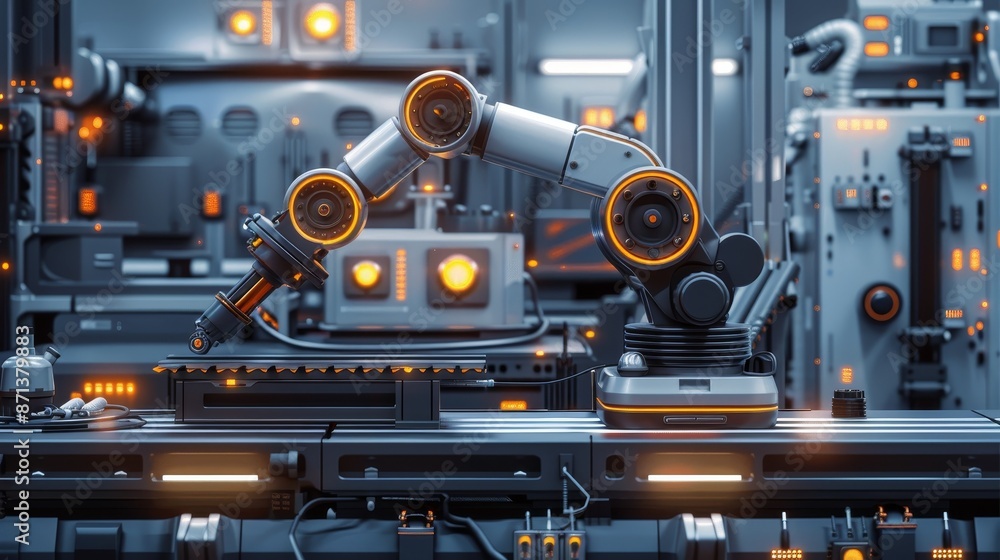 Fototapeta premium AI-controlled robot performing technical maintenance on industrial machinery, detailed gears and instruments highlighted