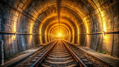 Dimly lit tunnel with smooth concrete walls and rusty railway tracks leading to a bright, warm, golden light in distance.