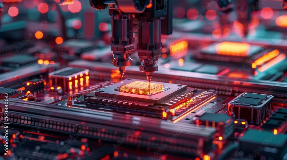 Automated assembly line with robotic arms constructing microchips, detailed machinery, futuristic factory setting, vibrant lighting Automated assembly line with robotic arms constructing microchips, detailed machinery, futuristic factory setting, vibrant lighting