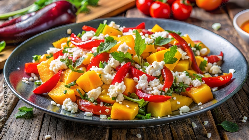 Vibrant colors abound in a fresh fusion of juicy mango, crunchy red bell peppers, and tangy crumbled cheese on a plate. Vibrant colors abound in a fresh fusion of juicy mango, crunchy red bell peppers, and tangy crumbled cheese on a plate.