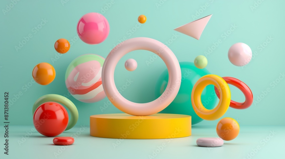 3D Rendering of Colorful Geometric Shapes Floating Above Yellow Podium: Playful and Vibrant Background Concept 3D Rendering of Colorful Geometric Shapes Floating Above Yellow Podium: Playful and Vibrant Background Concept