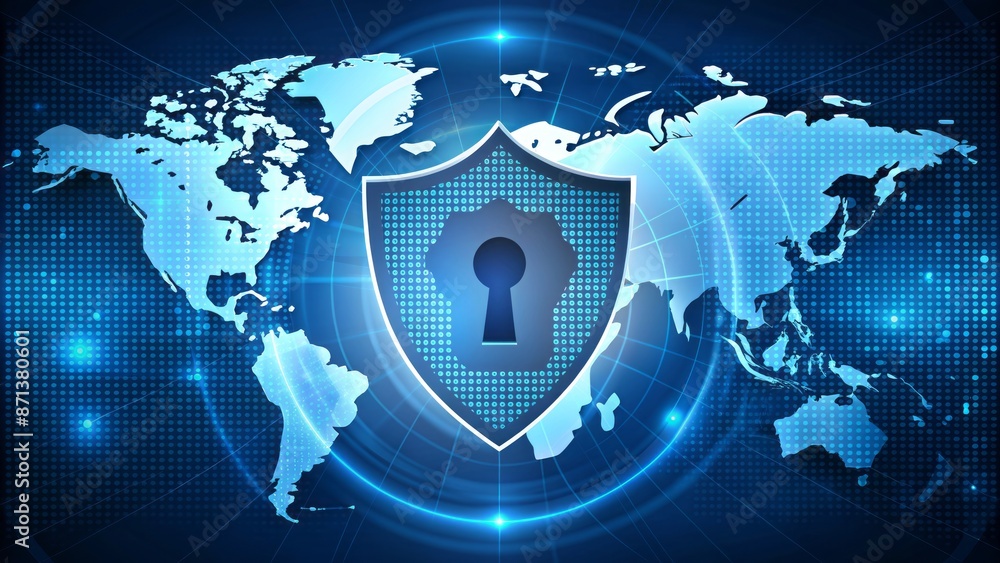 Global digital shield with keyhole icon protects personal data on world ...