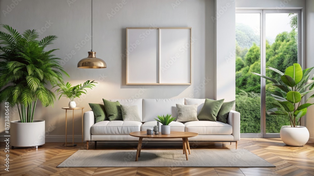 Fototapeta premium Sleek modern white living room interior with empty poster template, stylish couch, and lush greenery, perfect for design and printing.