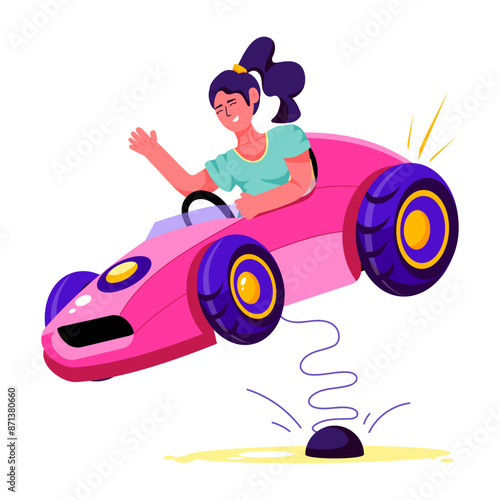 A flat illustration showing girl riding in spring car 