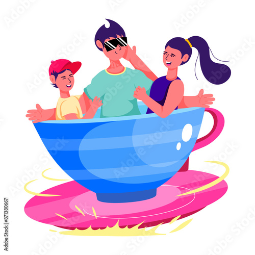 A flat character illustration of cup ride fun 