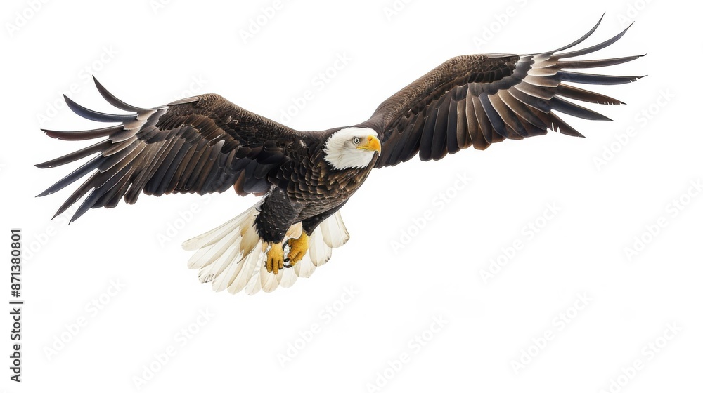 A bald eagle soaring through a clear sky, displaying its powerful wingspan and distinctive white head. A bald eagle soaring through a clear sky, displaying its powerful wingspan and distinctive white head.