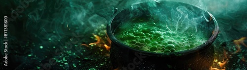 A mystical potion simmering in a cauldron surrounded by green smoke, exuding an eerie and magical atmosphere. photo
