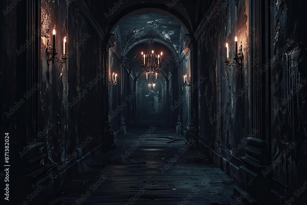 Obraz premium Dimly lit, eerie dark corridor with gothic architecture and flickering candlelights creating a spooky, mysterious atmosphere.