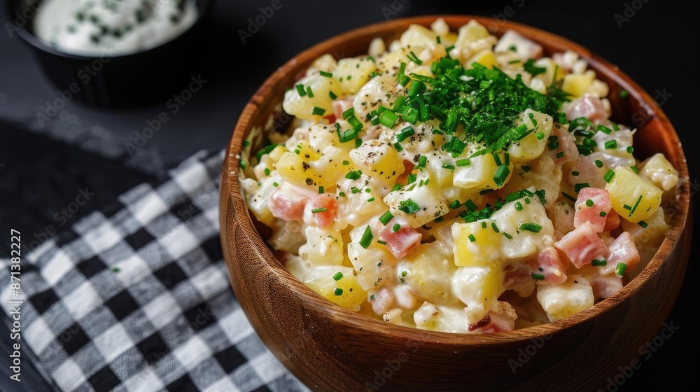 Wooden bowl of creamy potato salad garnished with fresh herbs on checkered cloth, dark background, ready to serve. Wooden bowl of creamy potato salad garnished with fresh herbs on checkered cloth, dark background, ready to serve.