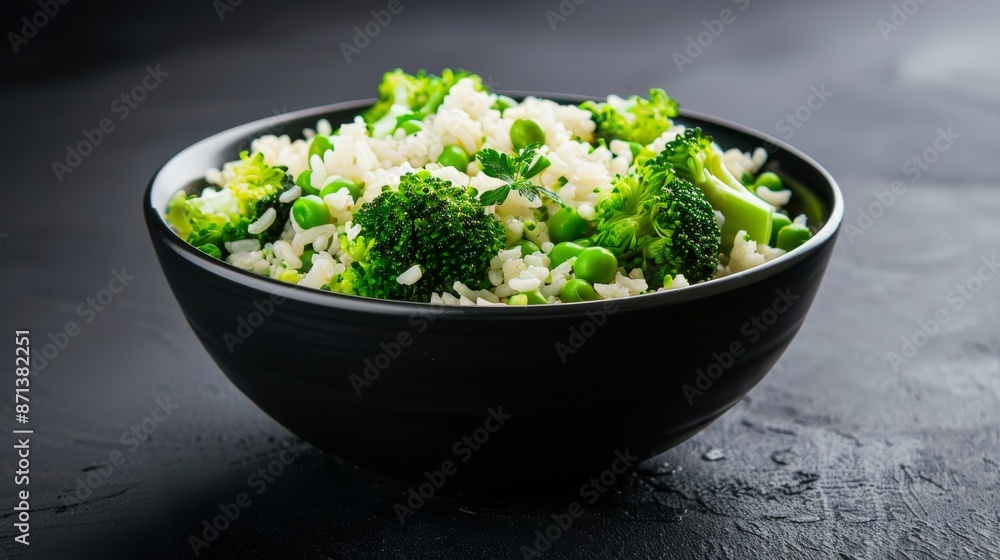 Bowl brimming with rice and broccoli florets, isolated against a dark background, studio lighting highlighting the details, appetizing and vibrant Bowl brimming with rice and broccoli florets, isolated against a dark background, studio lighting highlighting the details, appetizing and vibrant