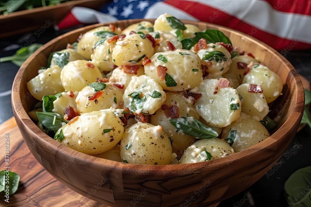 Delicious homemade potato salad with bacon and fresh herbs in a wooden bowl, perfect for backyard barbecues and summer picnics. Delicious homemade potato salad with bacon and fresh herbs in a wooden bowl, perfect for backyard barbecues and summer picnics.