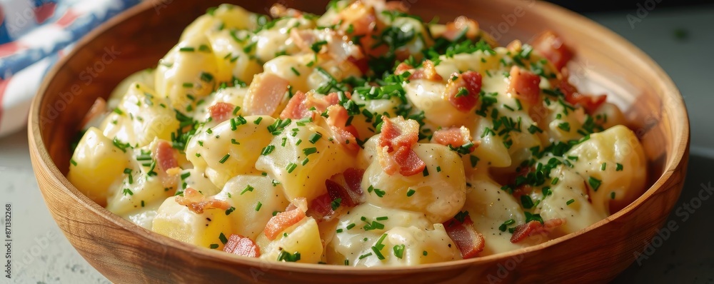 A delicious bowl of creamy potato salad, garnished with fresh herbs and bacon bits, perfect for a summer picnic or barbecue. A delicious bowl of creamy potato salad, garnished with fresh herbs and bacon bits, perfect for a summer picnic or barbecue.