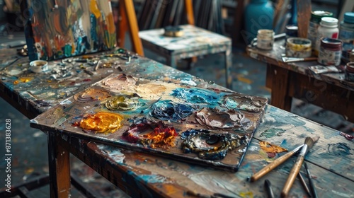 Artist s wooden table displaying oil paint palette