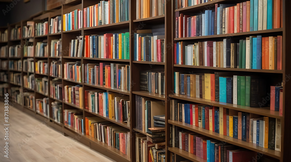 So many colorful books on a large book shelf from front perspective aligned properly
So many colorful books on a large book shelf from front perspective aligned properly