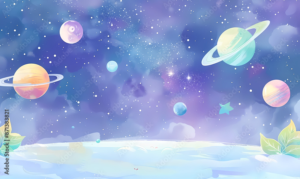 Fototapeta premium universe, cartoon, planet, space, hand-painted, illustration, children, fantasy, astronomy