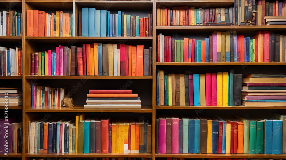 So many colorful books on a large book shelf from front perspective aligned properly
So many colorful books on a large book shelf from front perspective aligned properly