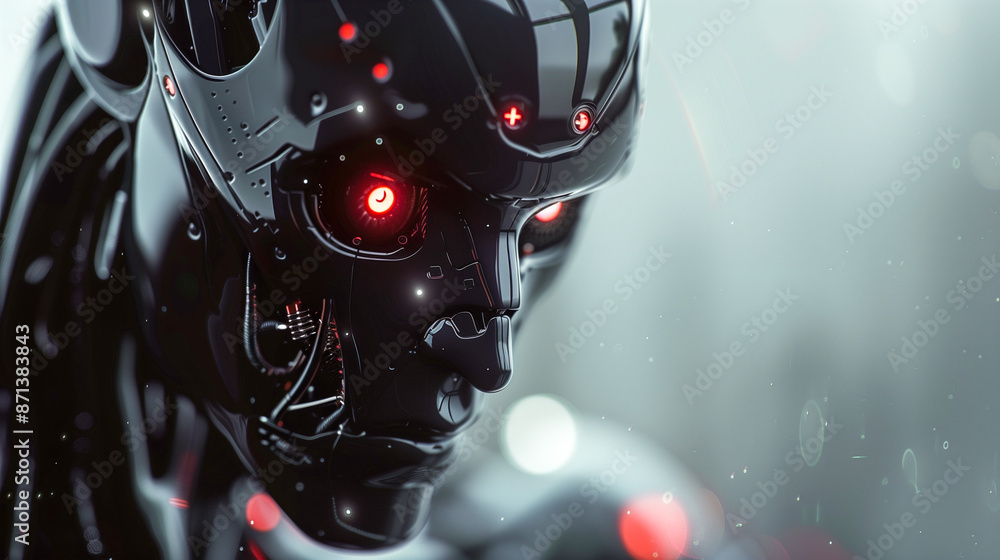 Close up of an evil AI humanoid robot.
Close up of an evil AI humanoid robot.
