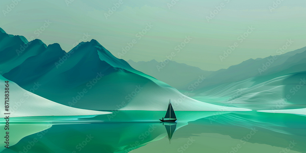 Watercolor illustration of a sailboat on a lake against mountain background. Minimalist style.
Watercolor illustration of a sailboat on a lake against mountain background. Minimalist style.