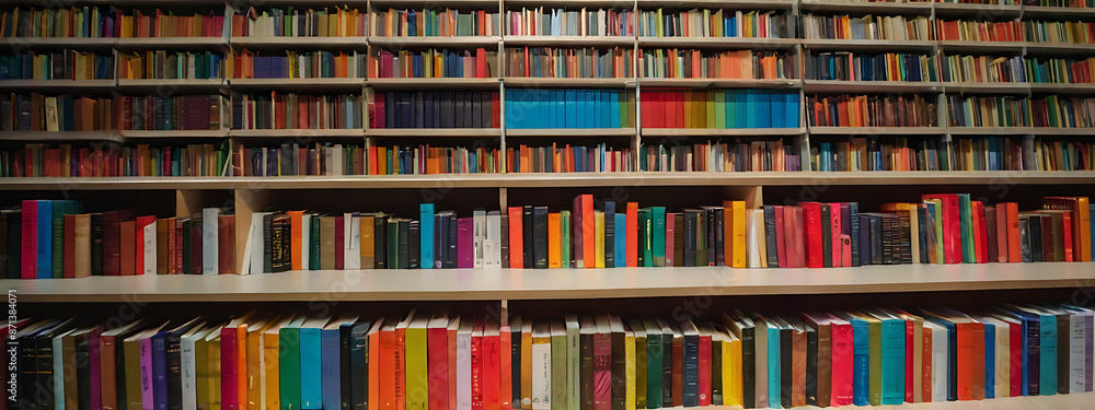 So many colorful books on a large book shelf from front perspective aligned properly
So many colorful books on a large book shelf from front perspective aligned properly